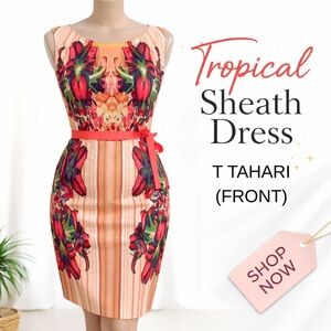 T Tahari Vibrant Tropical Floral Midi Sheath Dress - Red|Pink|Coral - Size 12